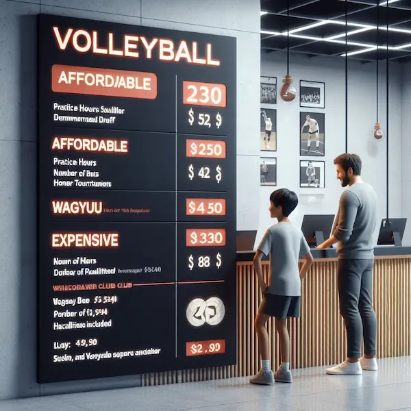 Parent and child reviewing membership packages at a volleyball club registration desk.