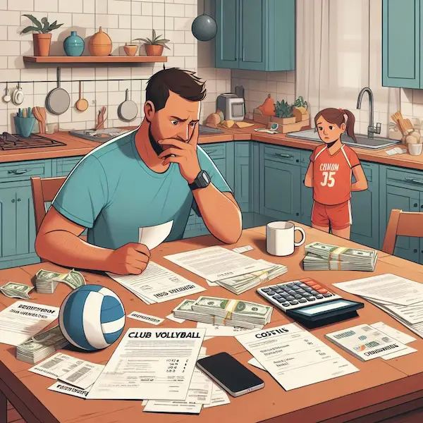 Parent calculating club volleyball costs at kitchen table, with child in volleyball gear listening.