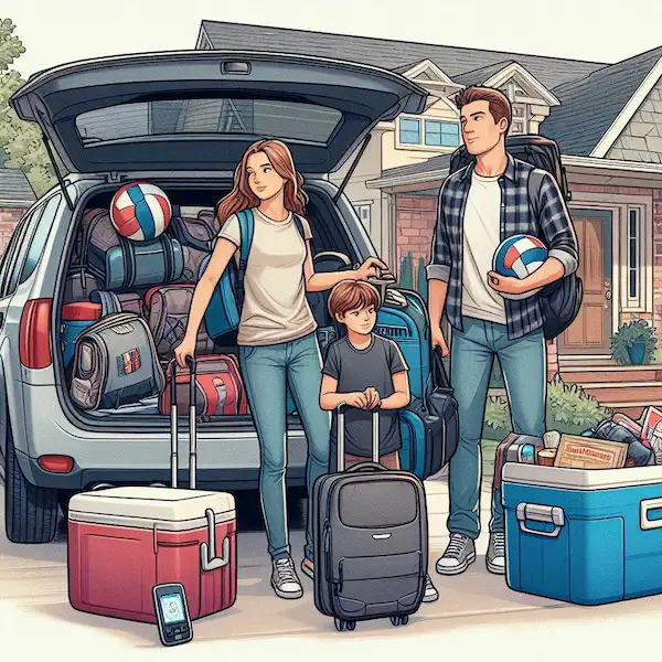 Family packing car with sports equipment and luggage for a distant volleyball tournament, emphasizing the complexity of travel and expenses.