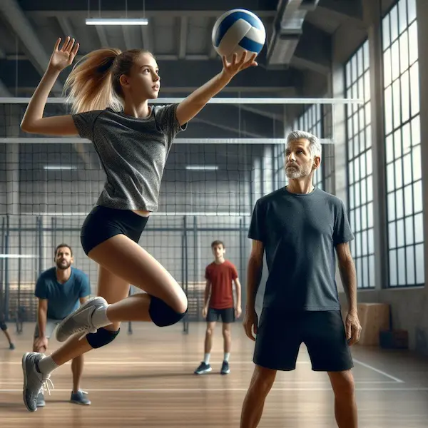 girl spiking volleyball at club training session, with coach observing