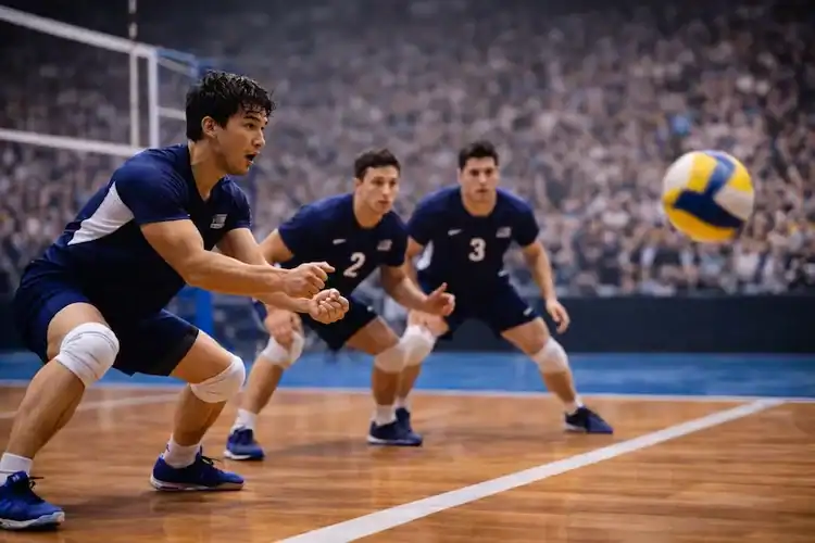 Volleyball players in serve-receive formation preparing to stop an ace