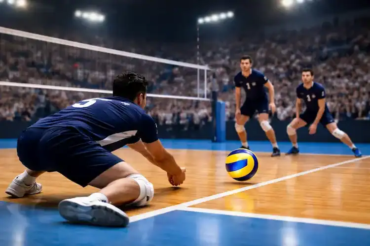 Volleyball player misses a serve receive as the ball lands in for an ace