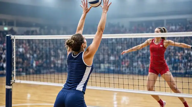 A single volleyball blocker reaching over the net to block a spike