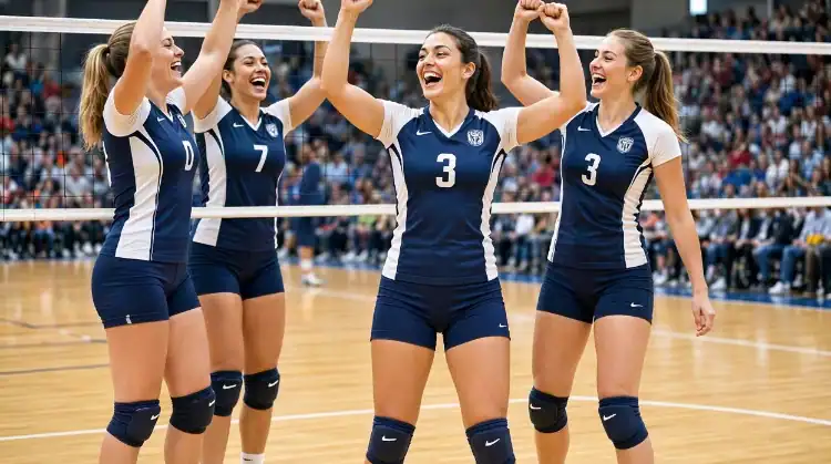 Volleyball team celebrating a successful block at the net
