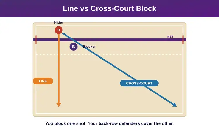 Diagram of line versus cross-court attack angles a volleyball block takes away